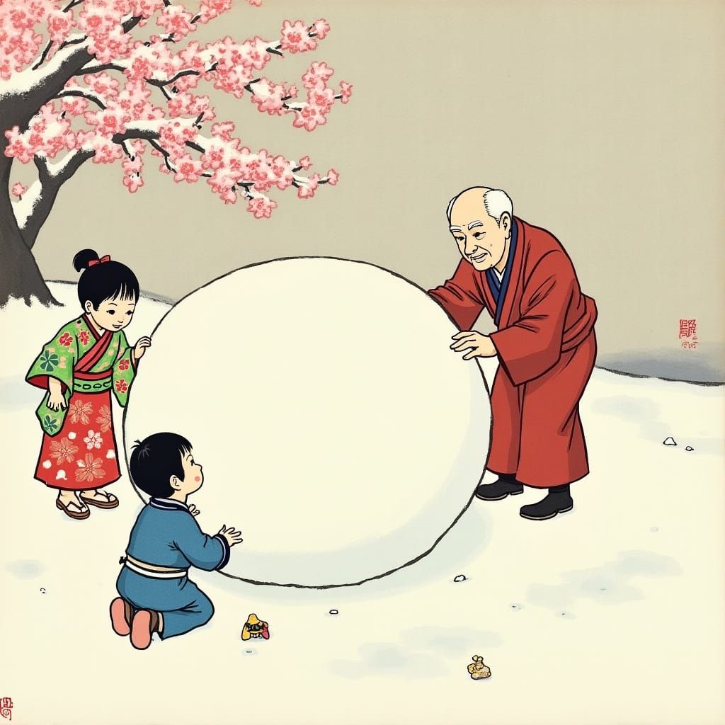 Ukiyo-e Woodblock Print: Snowy Day Scene