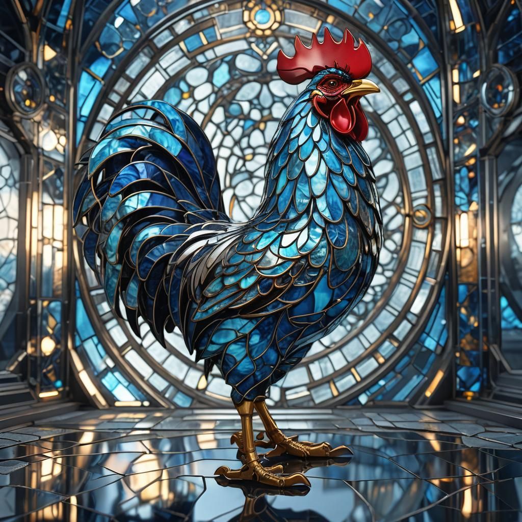 Stained Glass Rooster with Mechanical Details