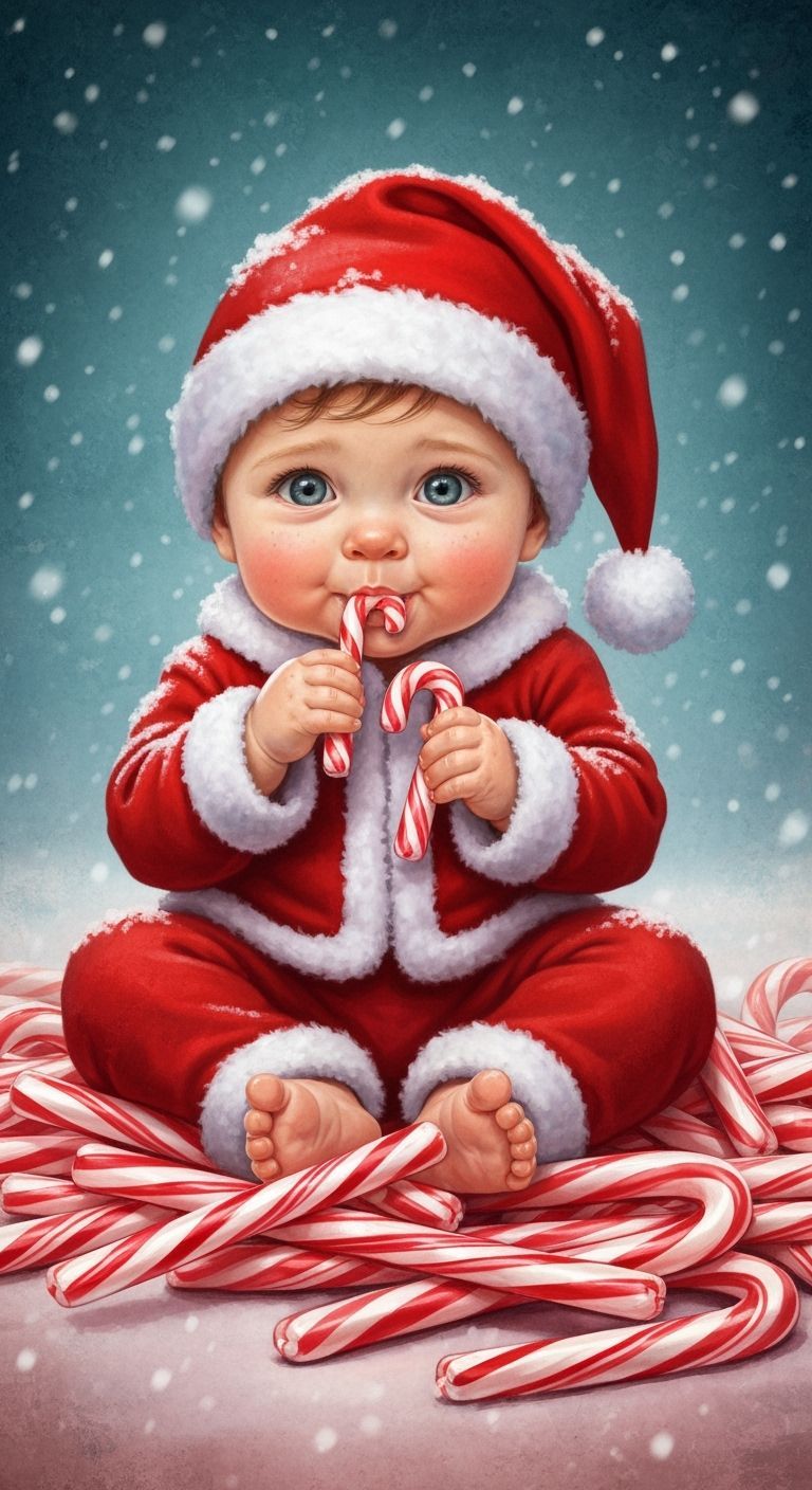 Whimsical Baby in Santa Suit Eats Candy Cane