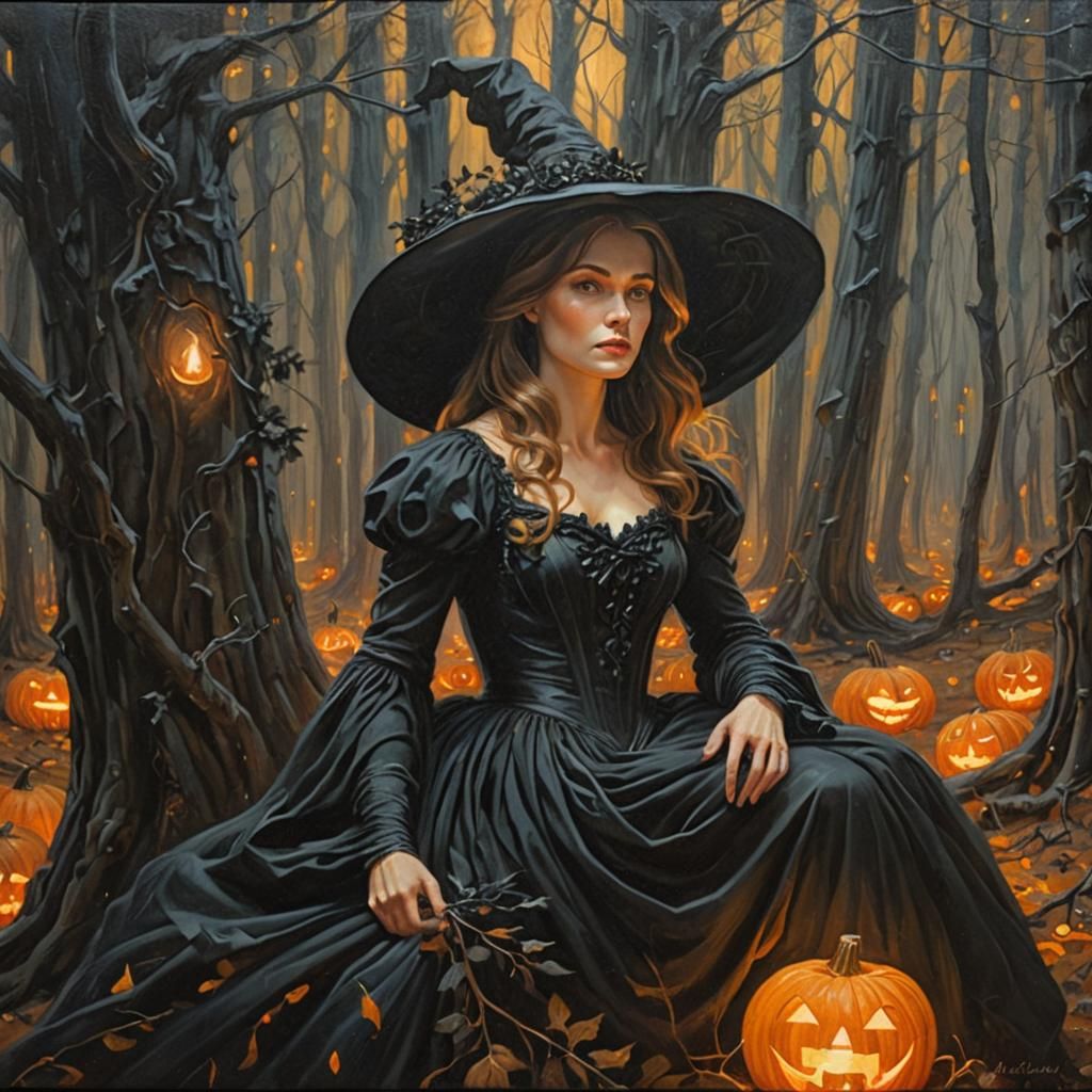 Woman in Eerie Forest Oil Painting