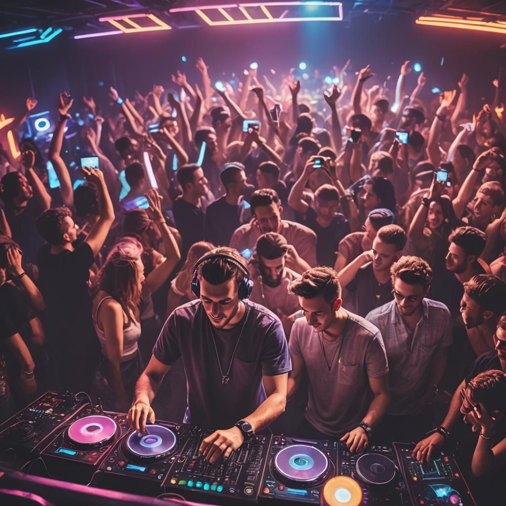 DJ Making Music at a Club with Neon Lights