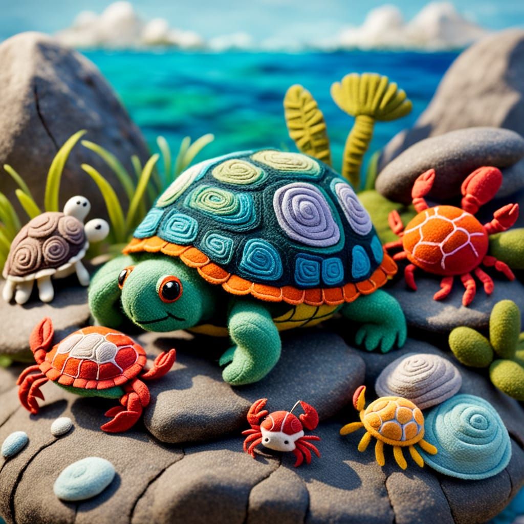 Whimsical Felt Art: Turtle, Crab, Lobster, and Snail