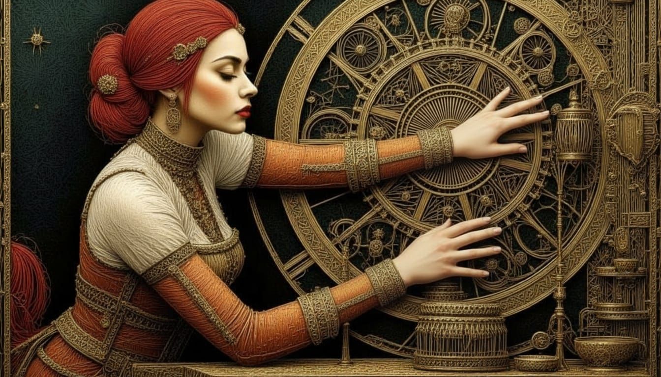 Red Haired Woman in Fine Line String Art Style