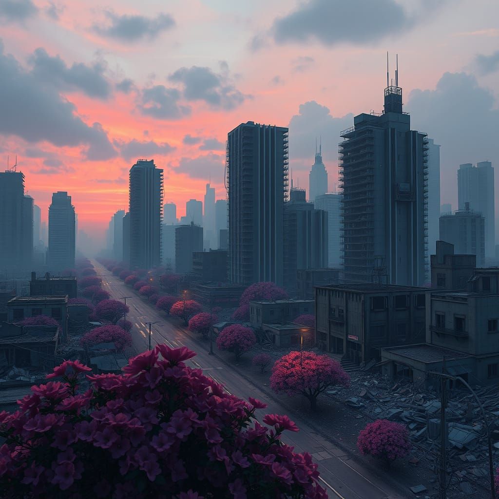 Post-Apocalyptic City Ruins Bloom in a Futuristic Twilight