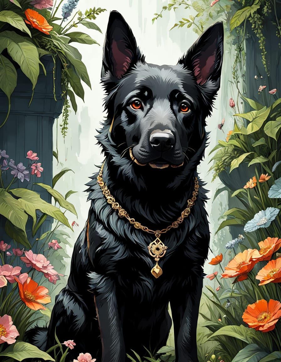 A Stylish Black Labrador Retriever Mix in Vibrant Floral Att...