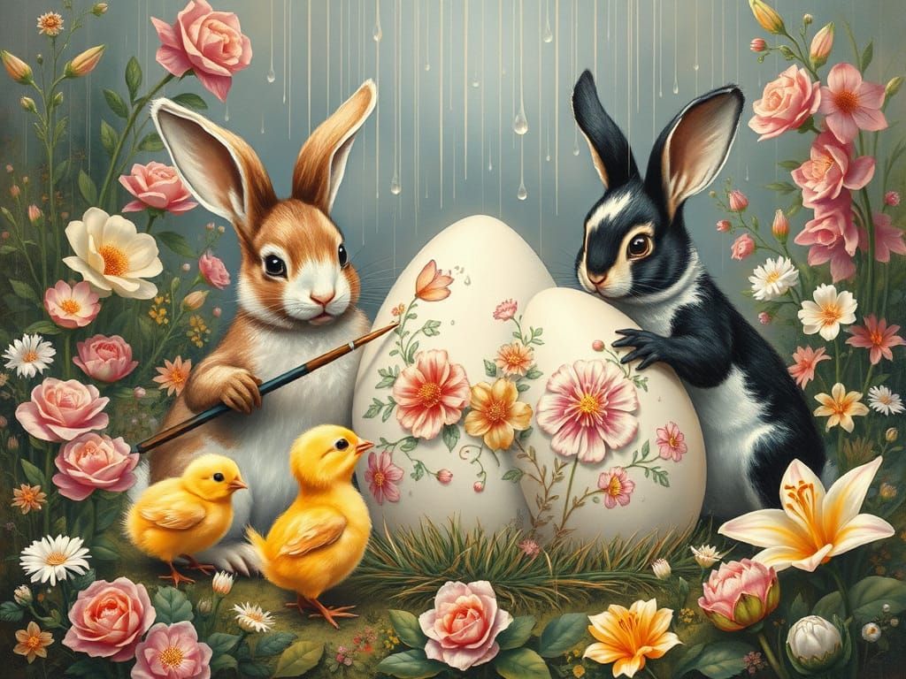 Whimsical Easter Scene with Bunnies Painting Eggs
