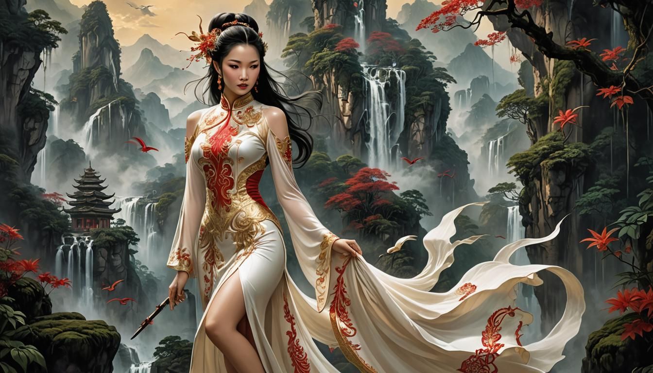 Woman with Biomechanical Wings Soaring Over Mountains