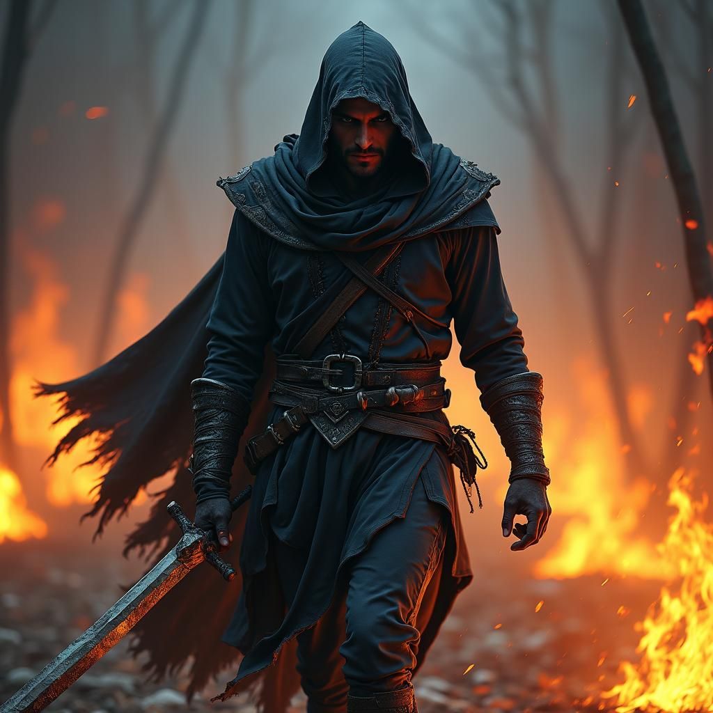Brooding Assassin Walks Through Fire