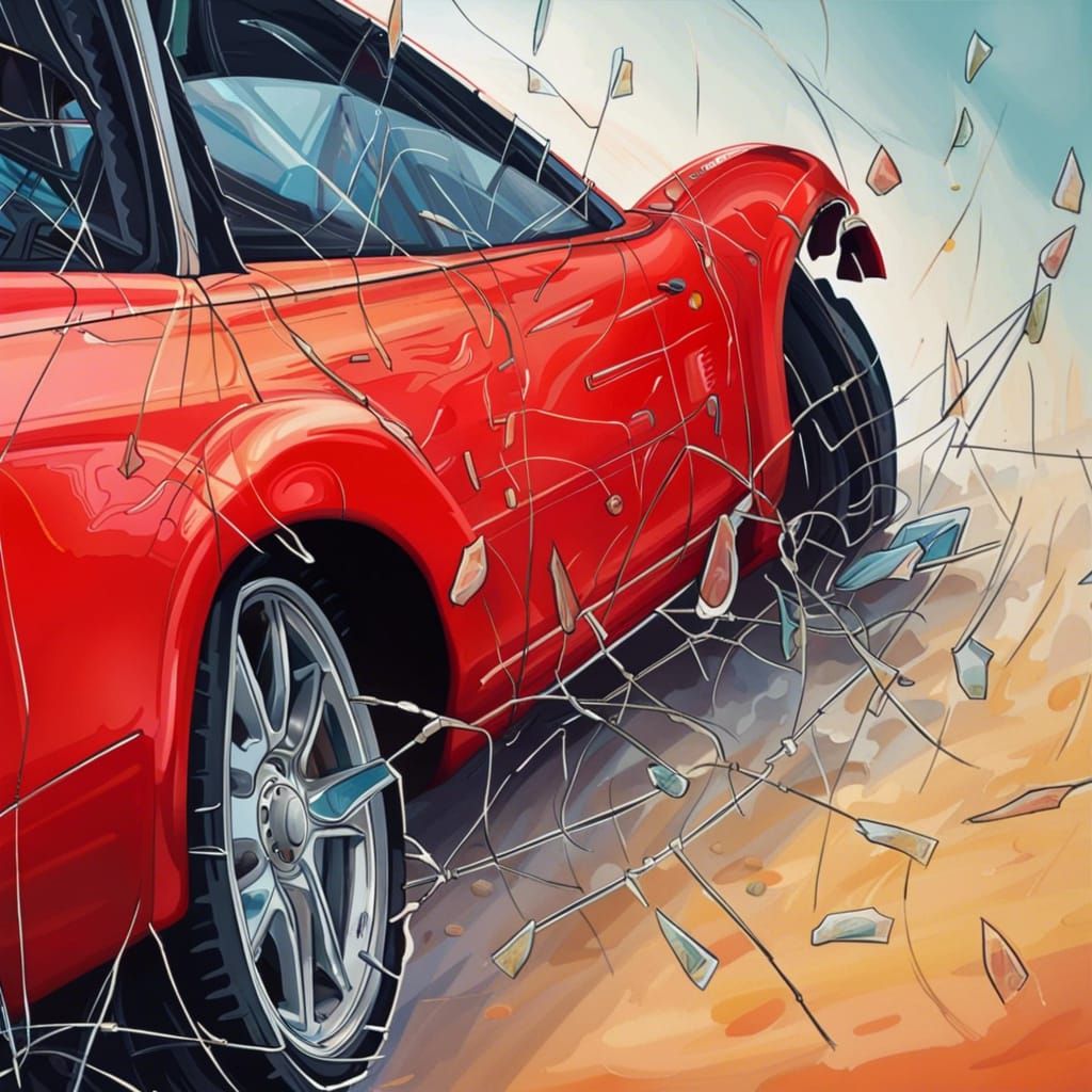 Damaged Red Car with Broken Windshield