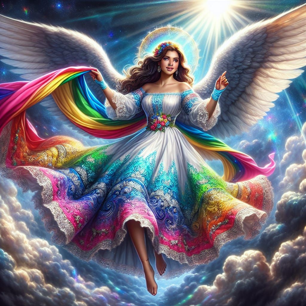 Radiant Rainbow Angel Soaring in the Heavens