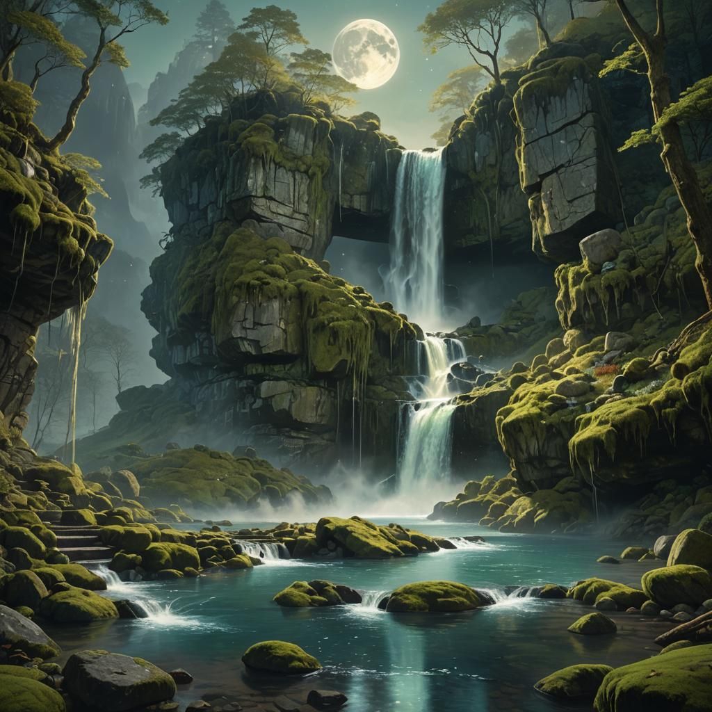 Moonlit Waterfall in Hidden Forest, Fantasy Concept Art
