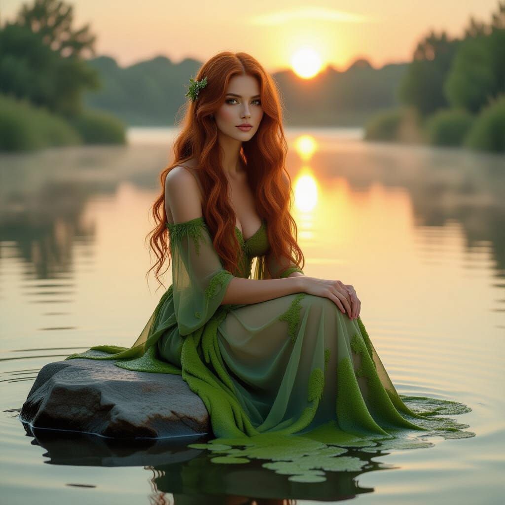 Woman with Algae Hair in Dreamlike Sunset, Pre-Raphaelite St...