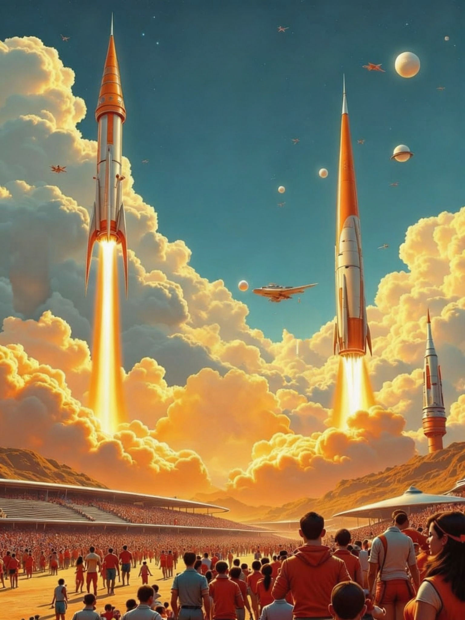 Buck Rogers Style Rockets Launching into Summer Sky