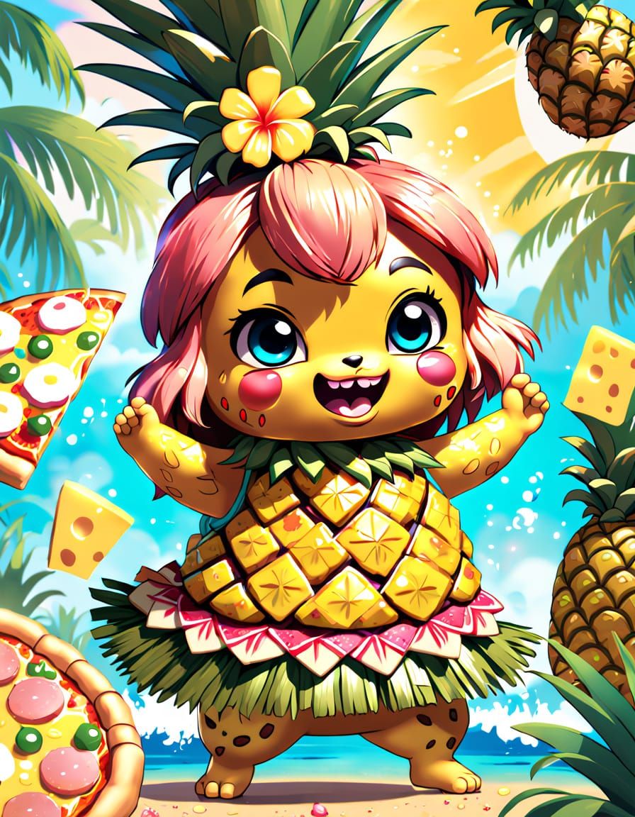 Hyperrealistic Hawaiian Pizza Creature in Luau Dance
