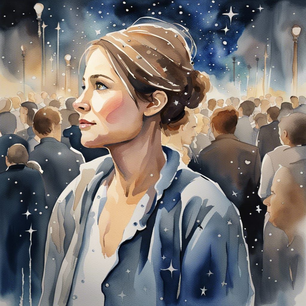 Watercolor of Woman in Crowd at Night