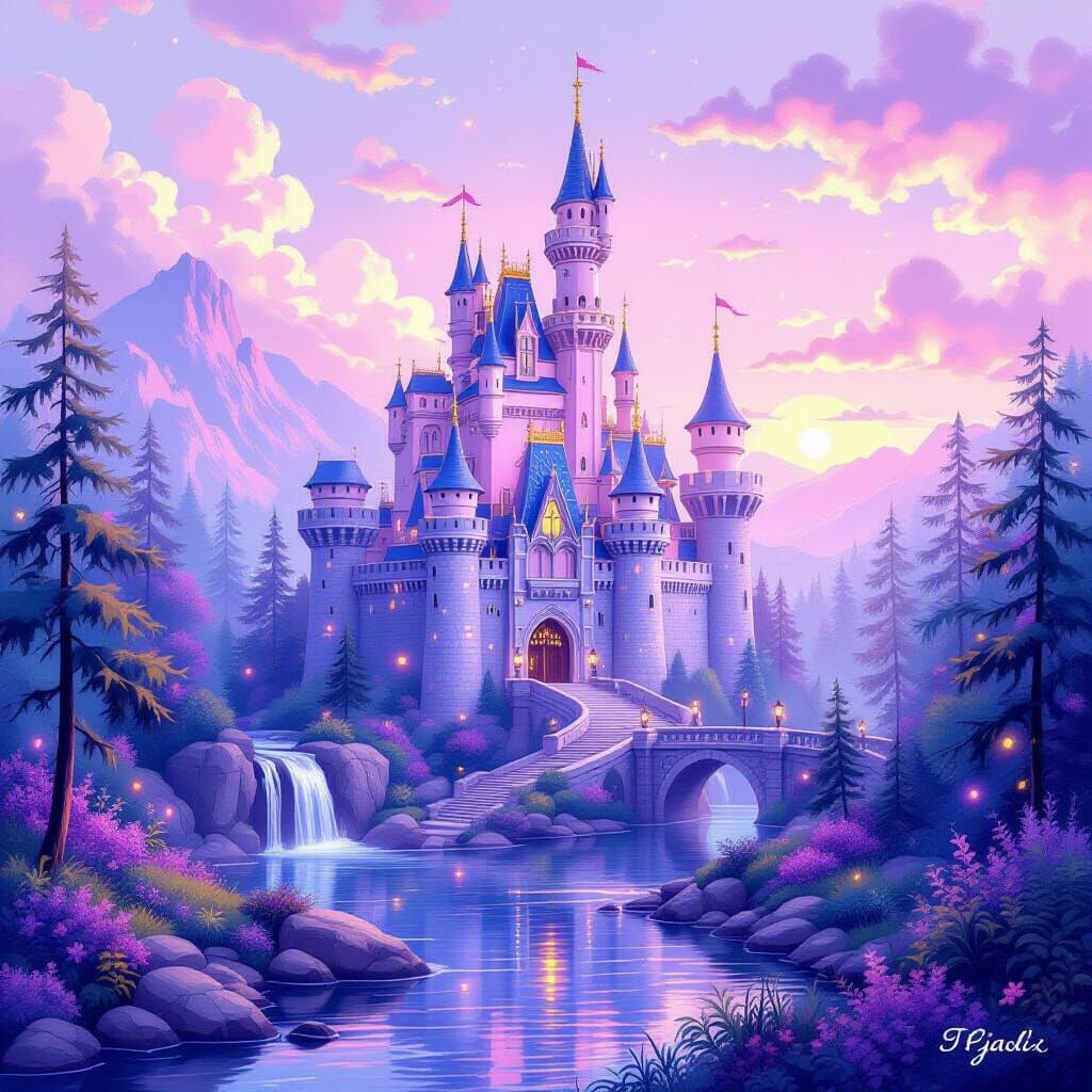 Dreamy Fantasy Castle in Lush Forest as Impressionist Painti...