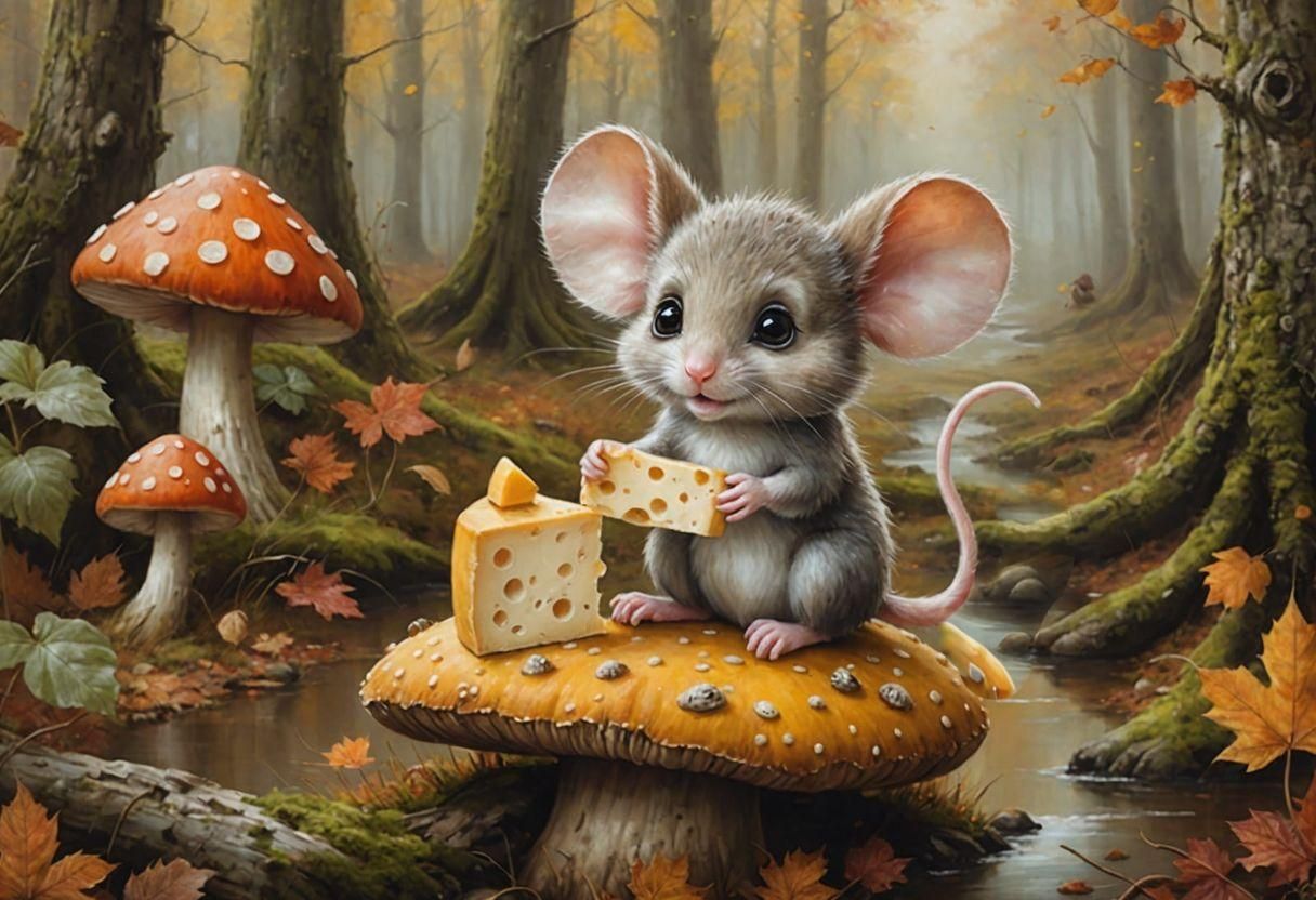 Kawaii Chibi Mouse in Autumn Forest, Oil Painting Style