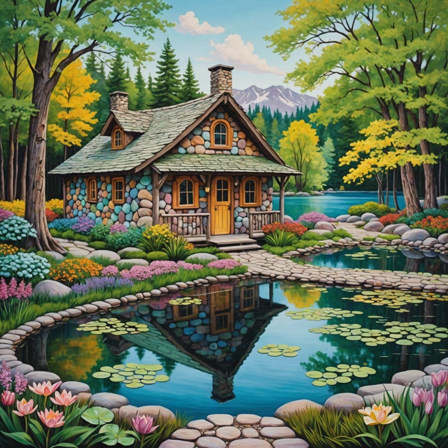 Pastel Rock Cabin by Lake in the Woods