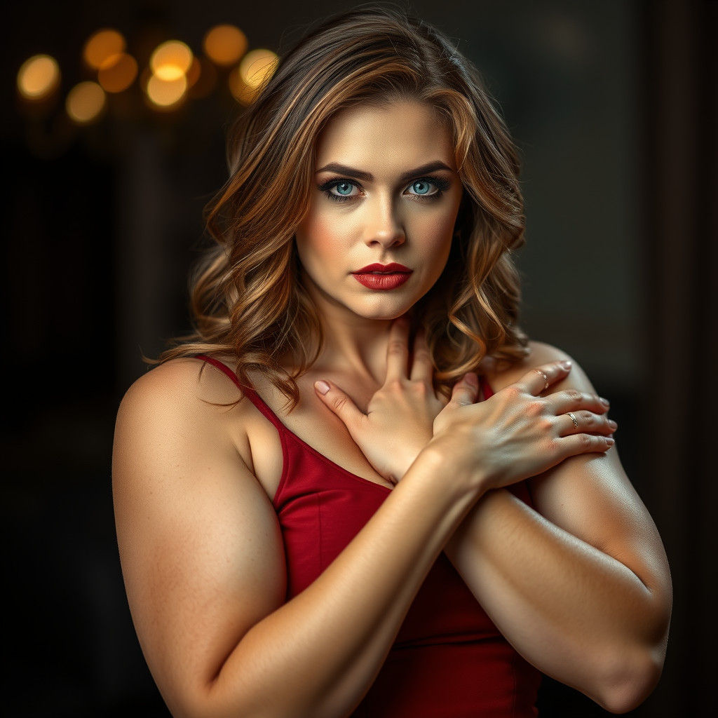 Powerful Blonde Woman Carrying Man, Hyperrealistic Portrait