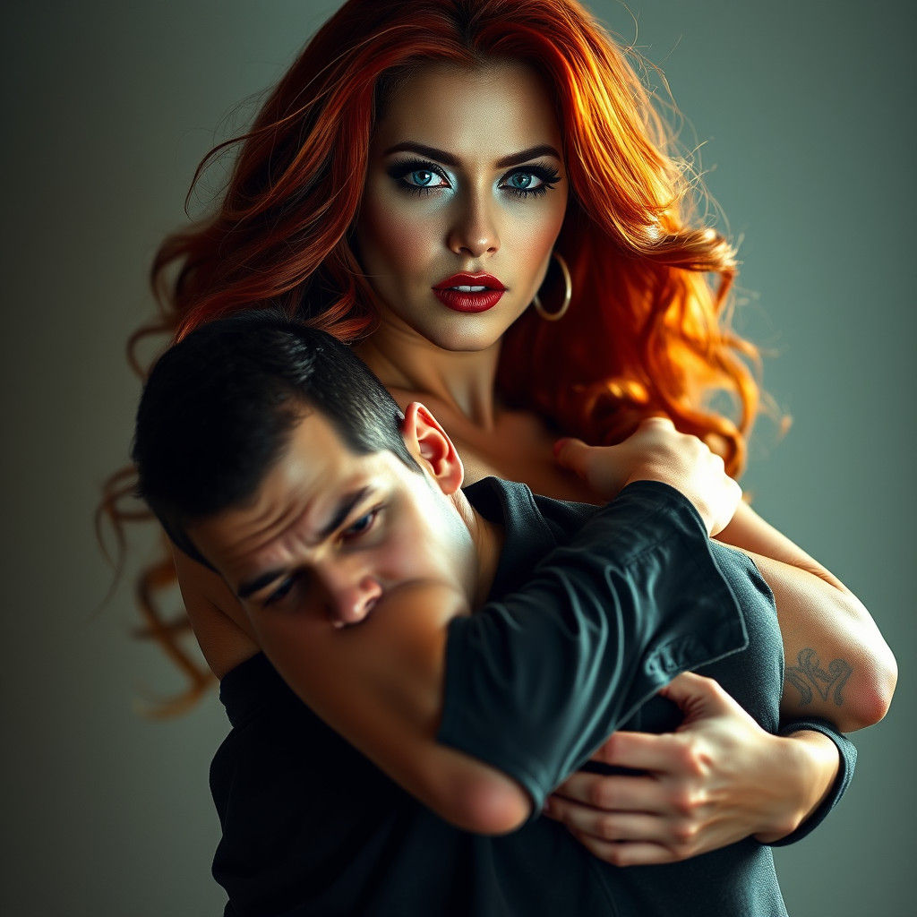 Voluptuous Blonde Woman Lifts Man in Hyperrealistic Portrait