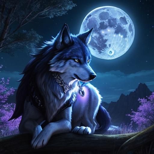 Fantasy Wolf Under Starry Sky with Heart Bracelet