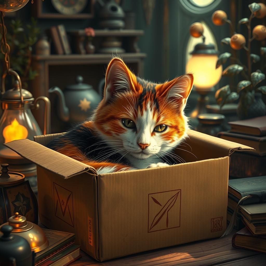 Calico Cat in Cardboard Box: Matte Painting