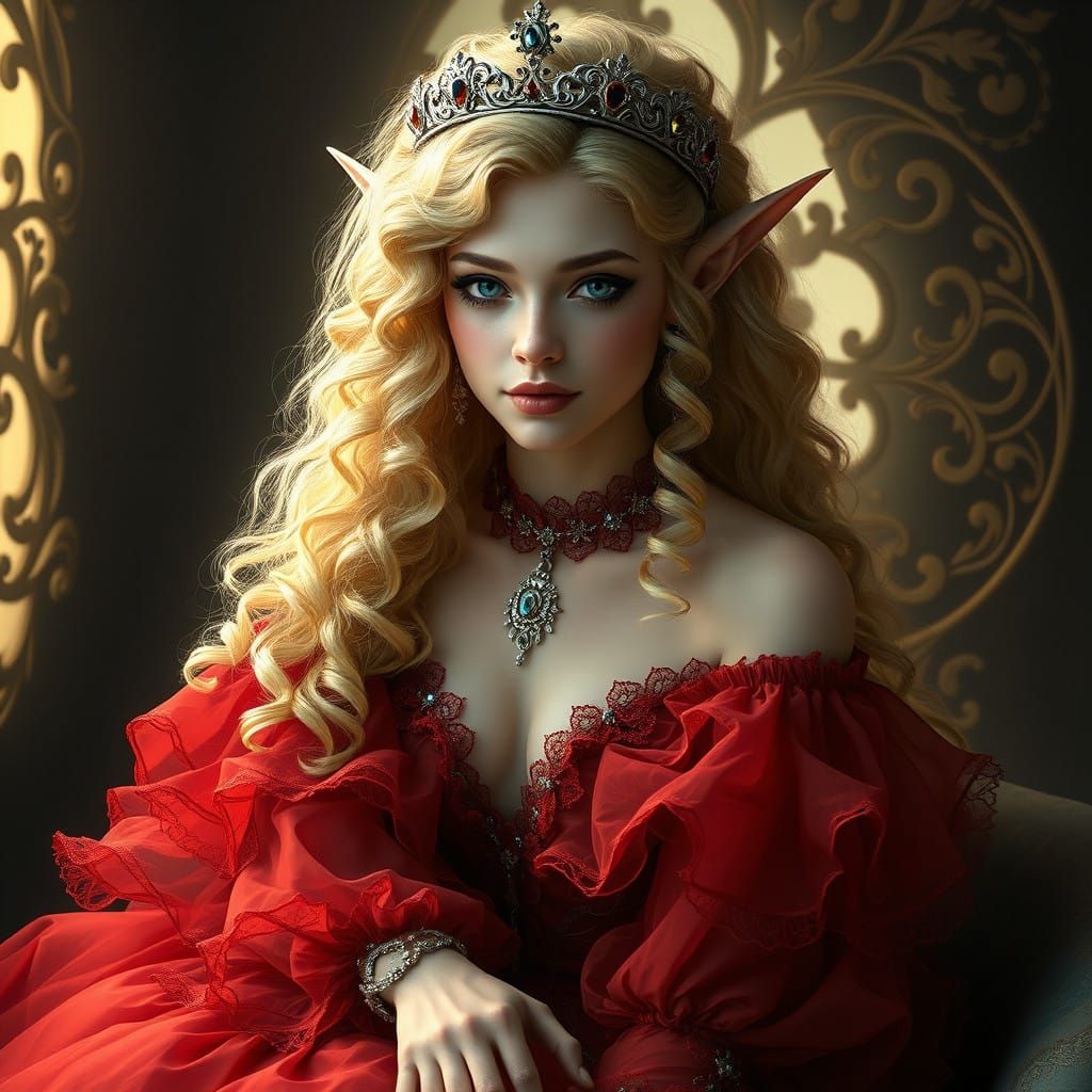 Elegant Elven Woman in Victorian-Inspired Fantasy Scene