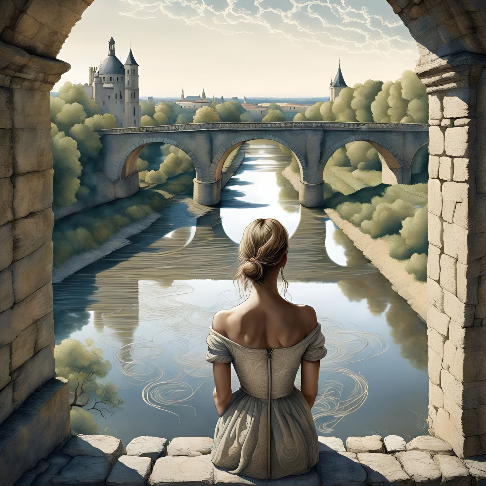Woman at Avignon Bridge in Surrealist Style