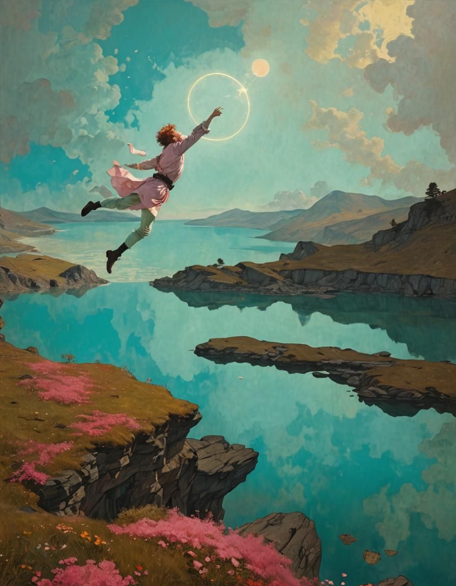 Fluorescent Figure Descending in Pastel Light