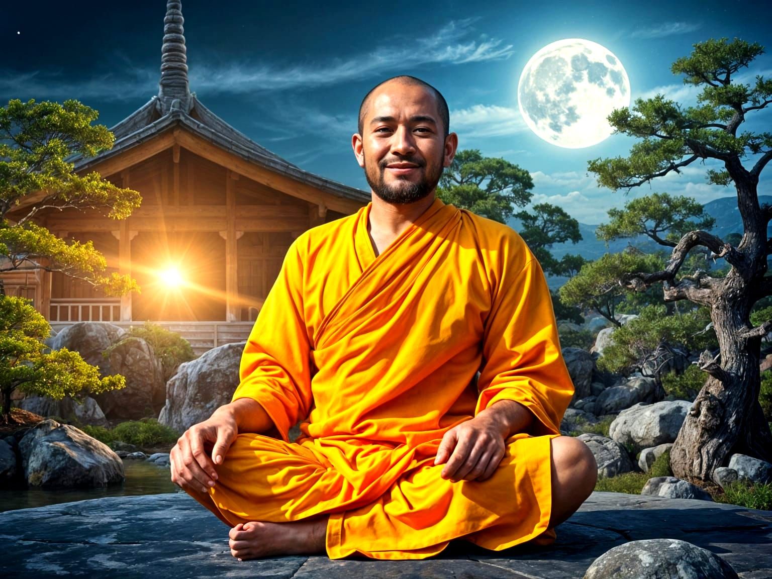 Zen Monk Meditating Under Full Moon in Zen Garden