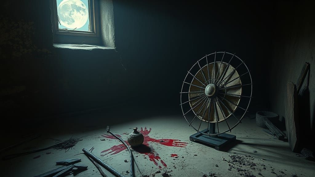 Eerie Abandoned Kitchen with Shadowy Figure