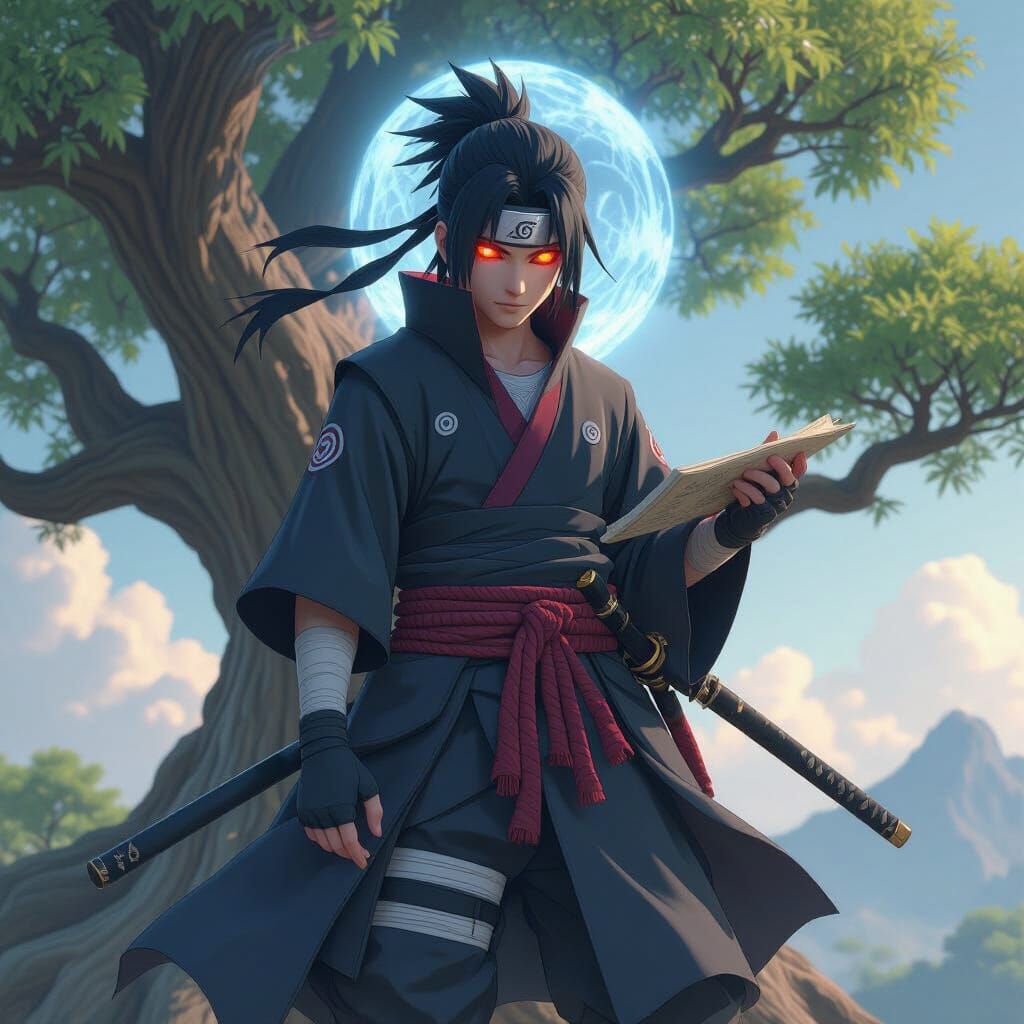 Uchiha Ninja with Sharingan Aura on Ancient Tree