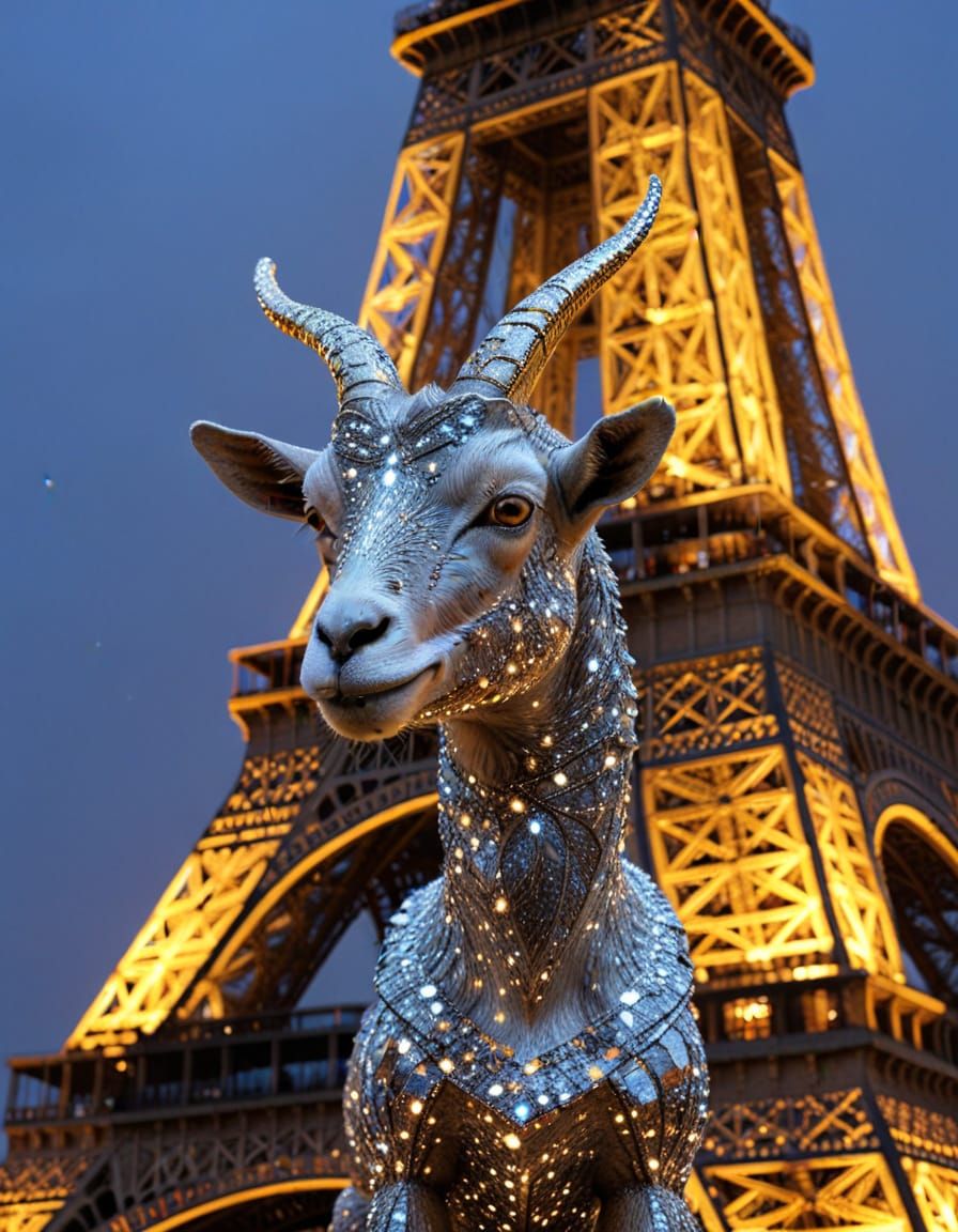 Glittering Goat Atop Eiffel Tower: Digital Art