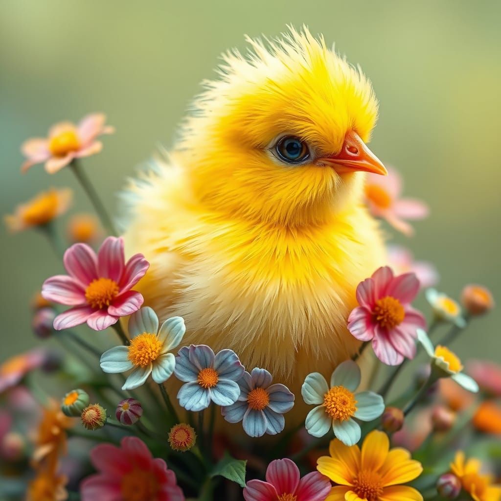 Fluffy Chick Surrounded by Wildflowers in Potter Style