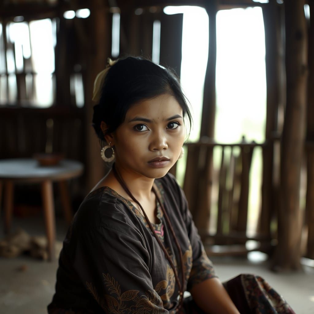 Introspective Indonesian Woman in Traditional Dress