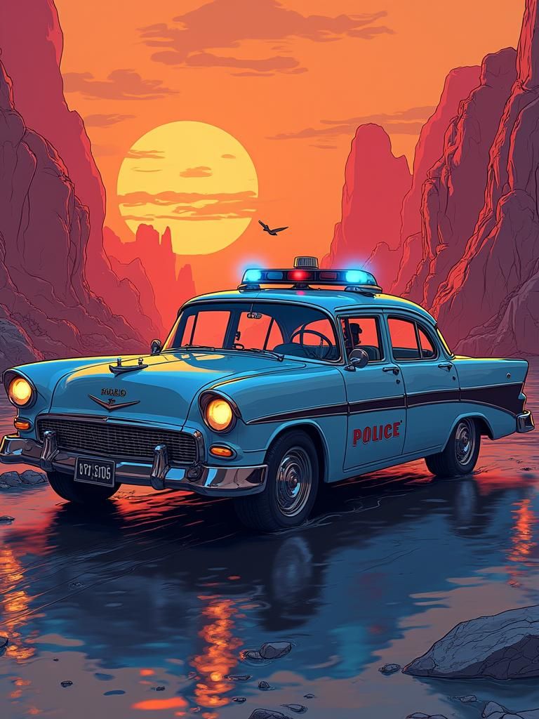 Fantastical Police Cars in Detailed Line Art