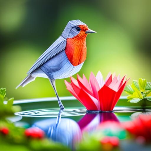 Origami Robin at Bird Bath in Garden