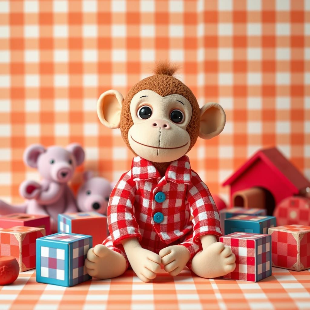 Whimsical Gingham Wonderland with Adorable Toy Monkey