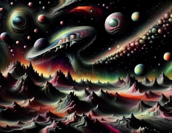 Surreal Black and White Spacescape in Maximalist Style