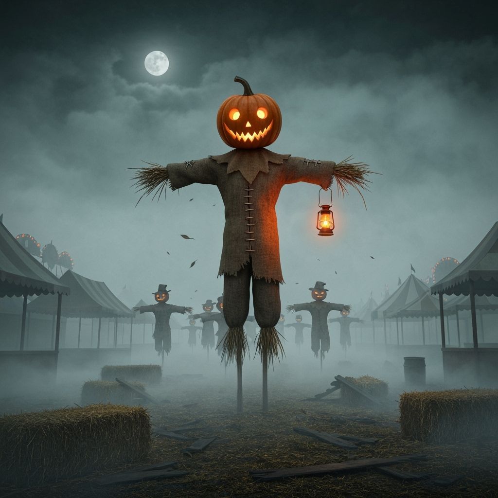 Scarecrow Procession Through Moonlit Foggy Cornfield
