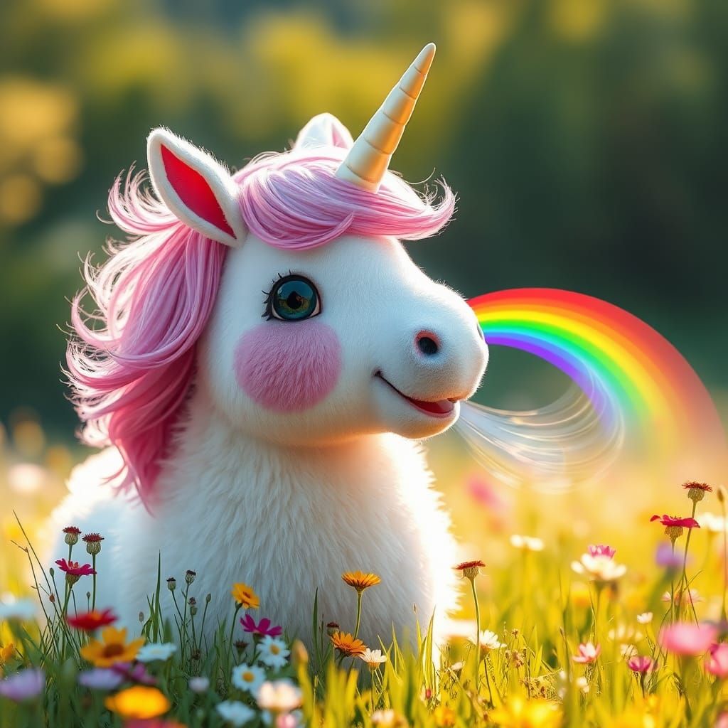 Chubby Unicorn Farting Rainbow in Lush Meadow
