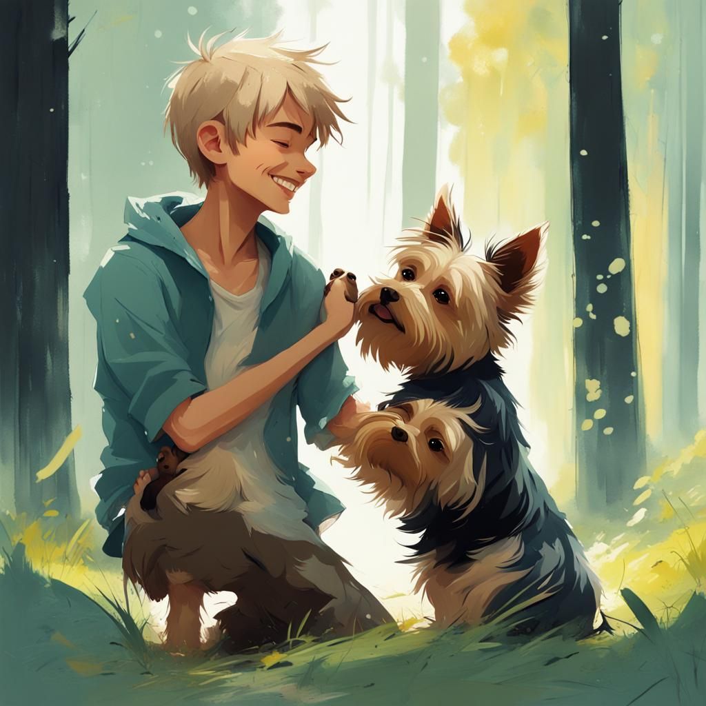 Forest Prince Hugging Terrier in Gouache Style