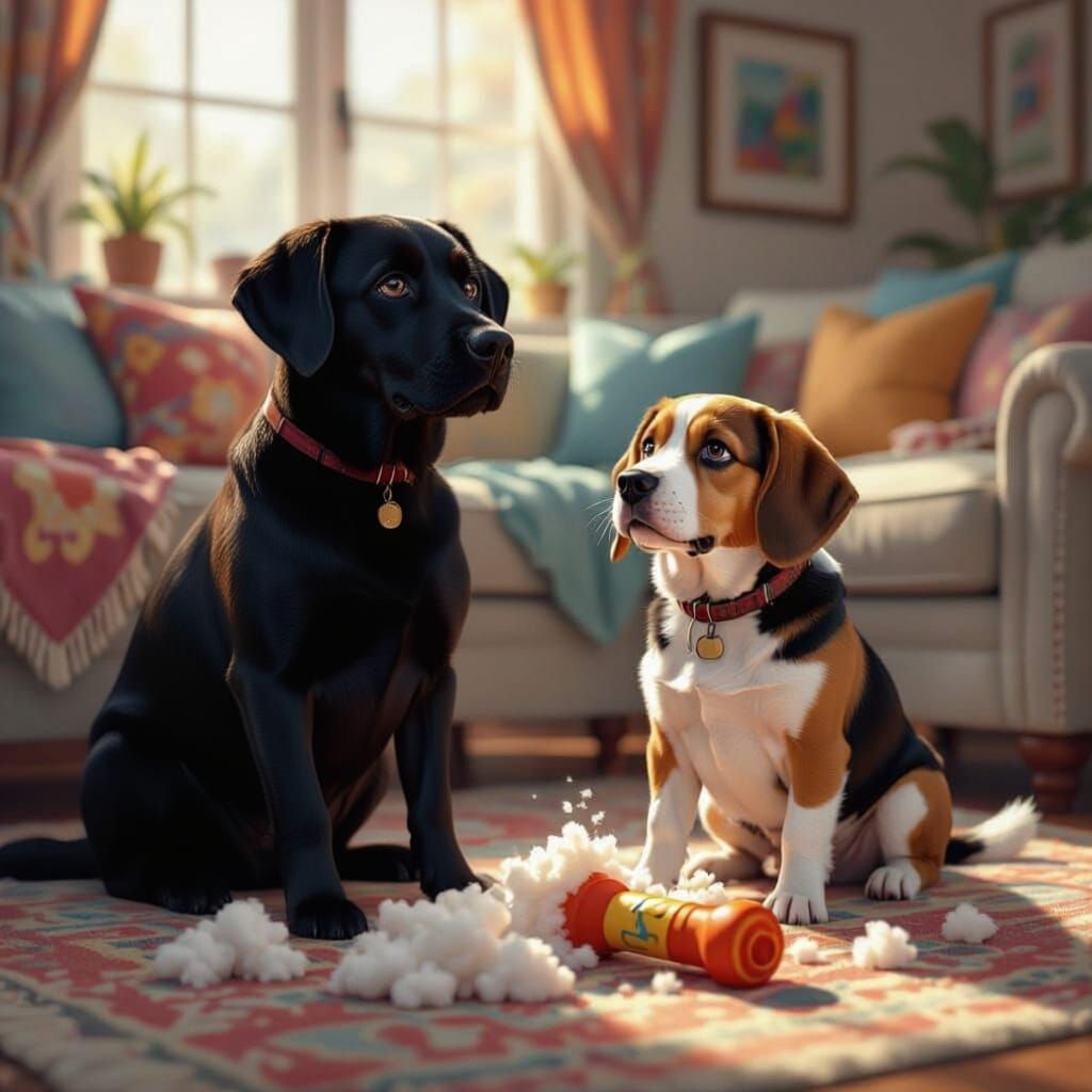 Mischievous Beagle Caught With Chewed Toy in Colorful Living...