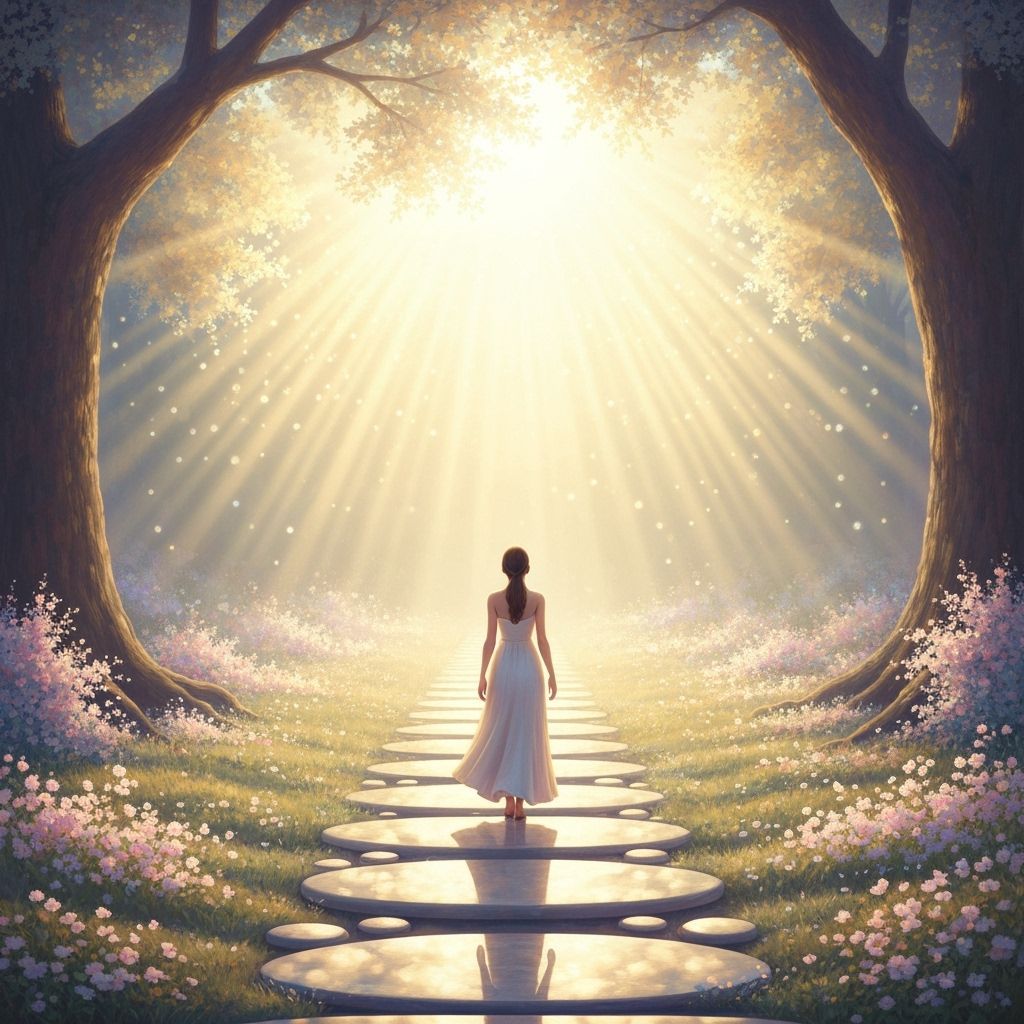 Serene Woman Walks Towards Ethereal Light in Dreamlike Style