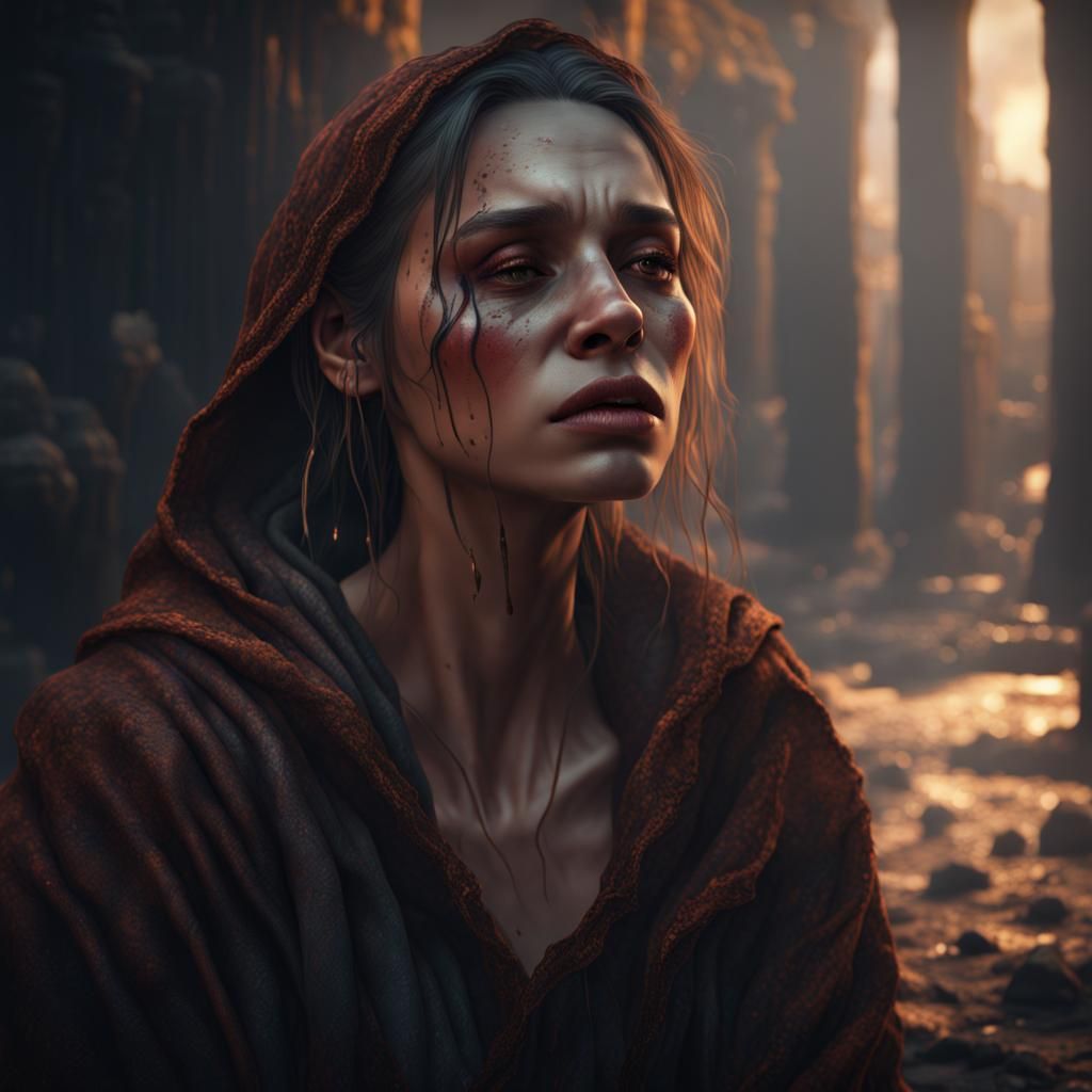 Woman Crying Alone in Detailed Matte Painting