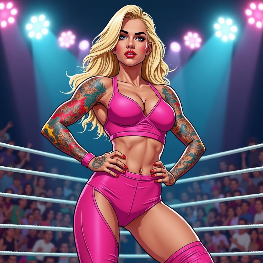 Blonde Wrestler with Tattoos in a Comic Book Style