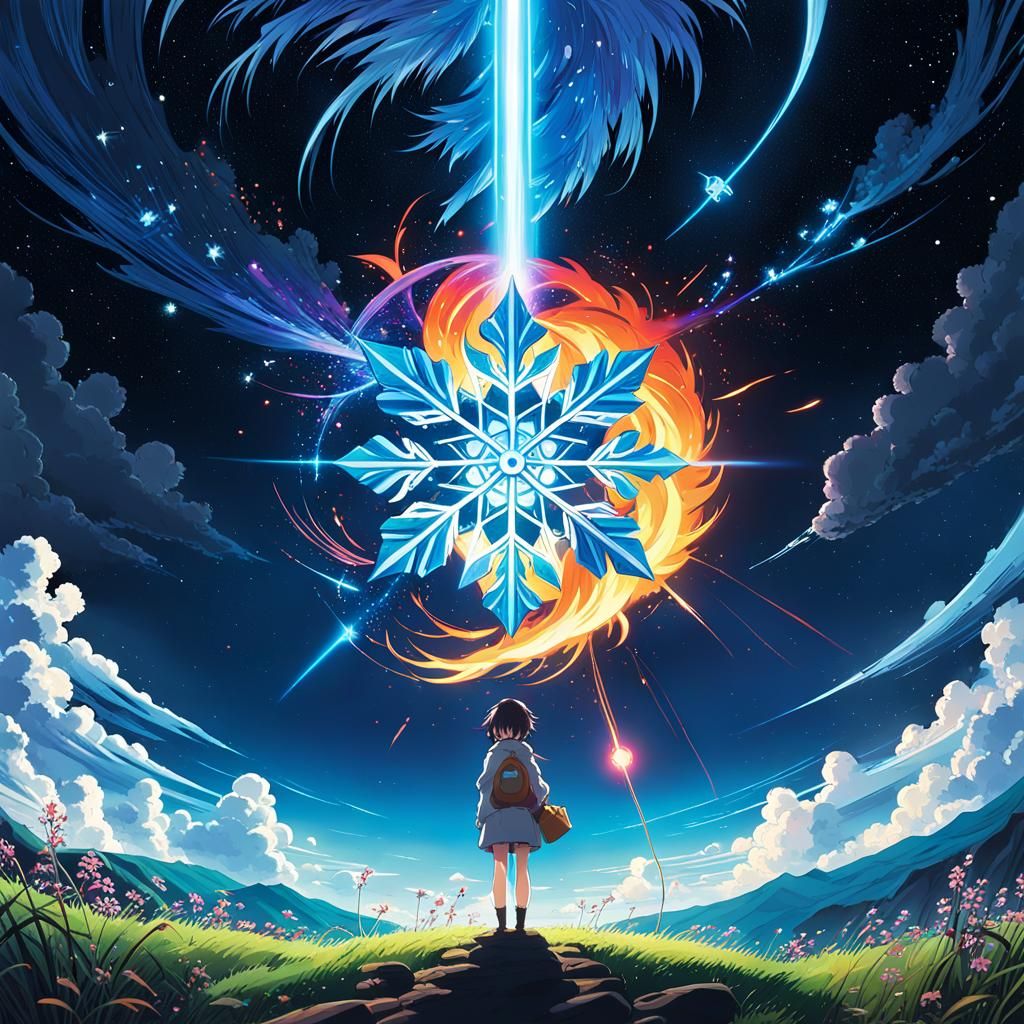 Snowflake in Fiery Grip: Surreal Anime Street Art