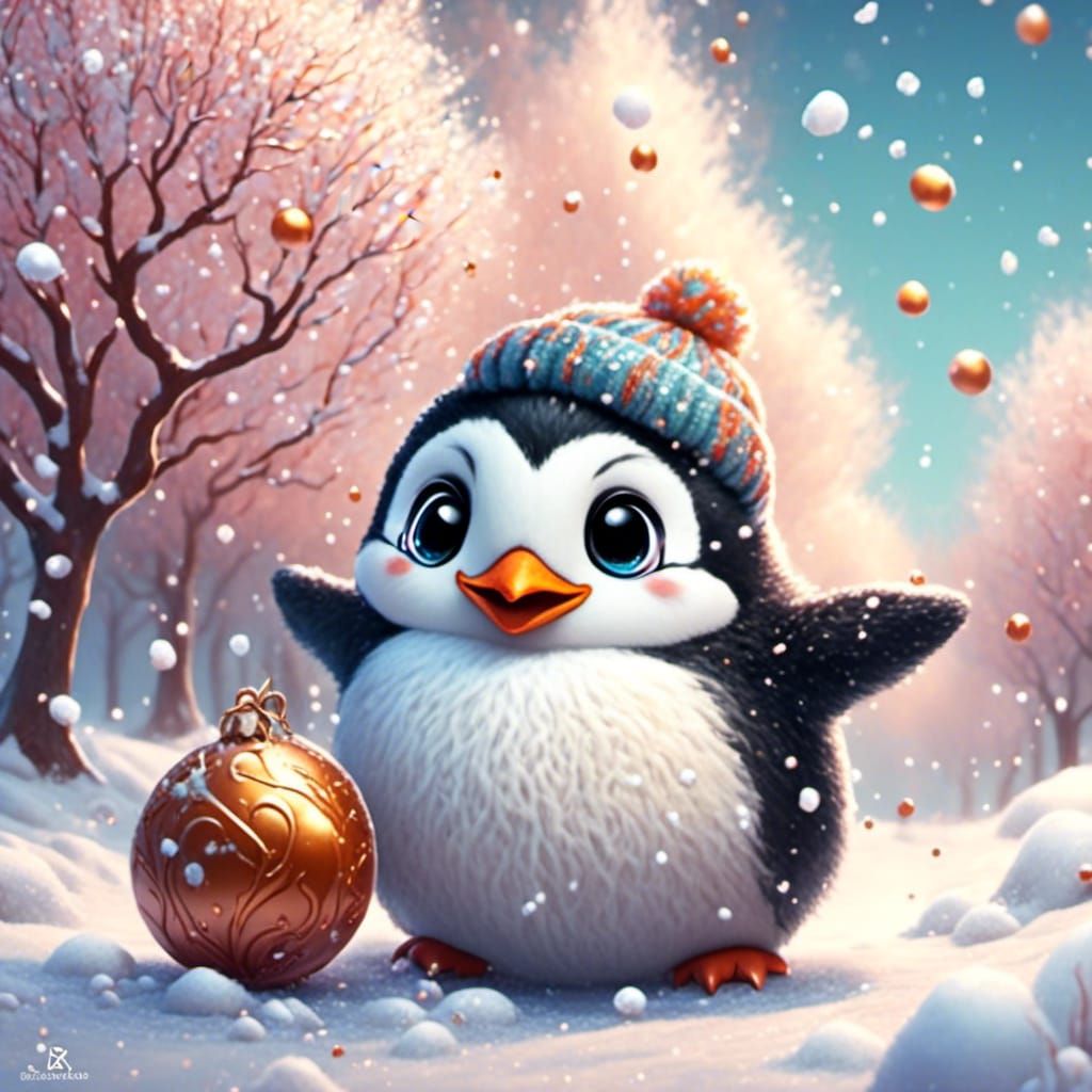 Cute Penguin Plays in Snowy Fantasy World