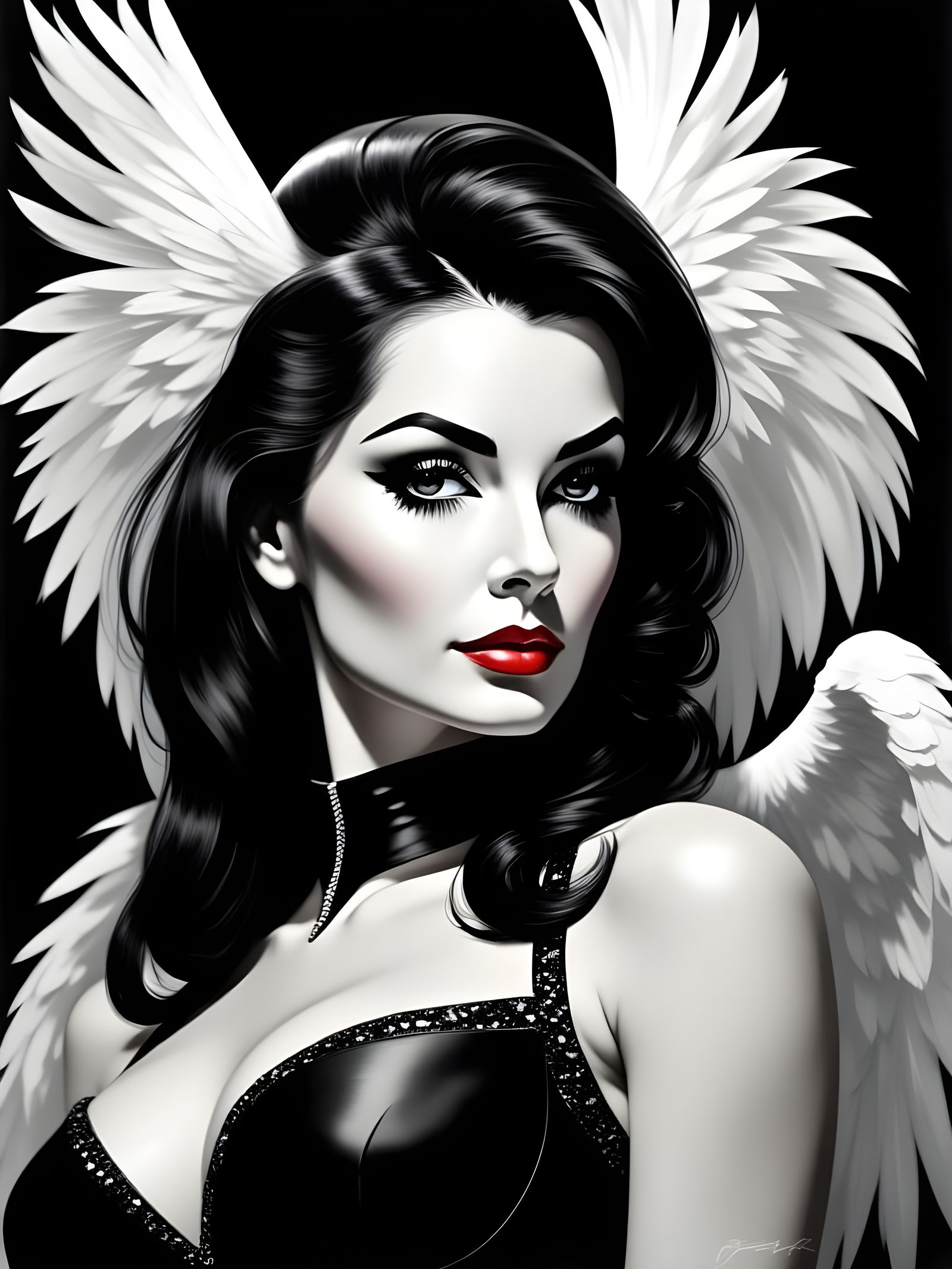 Sultry Pin-Up Girl with Eagle Feather in Moody Film Noir Set...
