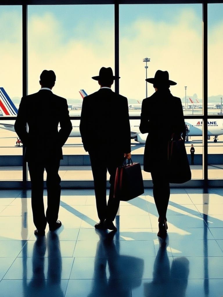 Figures in Motion at the Airport, in a Surreal Landscape